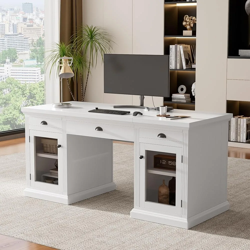 merax executive desk with charging station corner table with 2 glass doors storage cabinet and 3 drawers rectangle workstation white