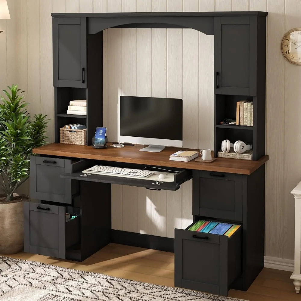 merax farmhouse arched 67 computer desk with power outlets keyboard tray home office desk with hutch writing desk with storage drawers black