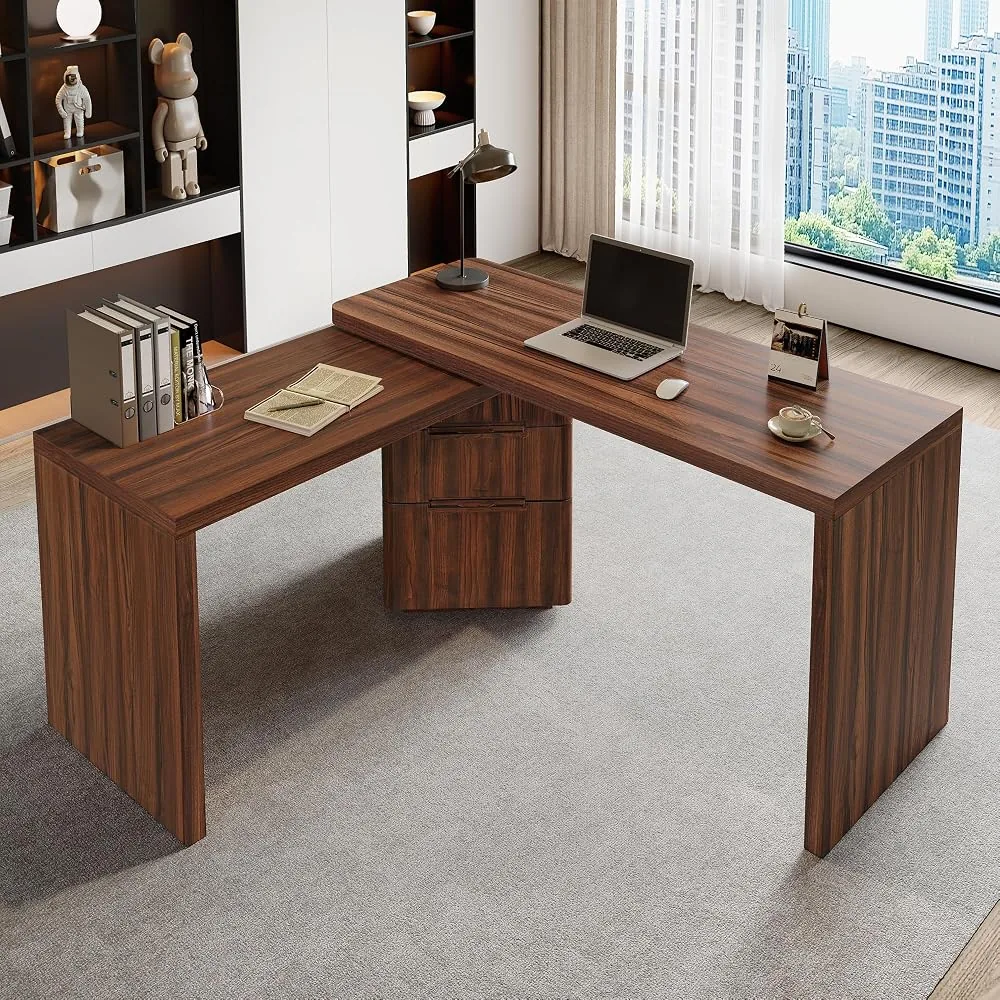 merax home office desk l shaped with 3 drawers wooden rotating desk 90 large executive office workstation corner work table for study writing natural wood