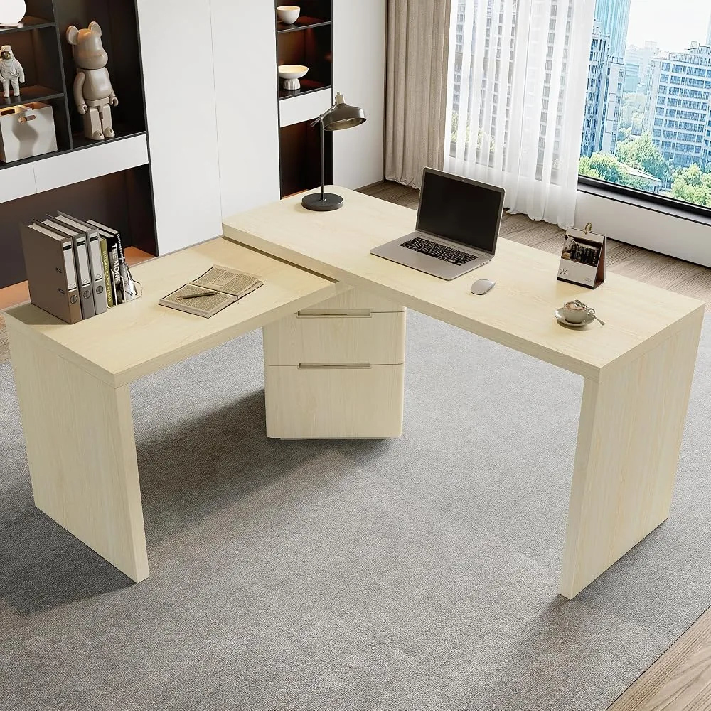 merax l shaped home office desk 90 rotating corner desk with 3 drawers 360 rotating design for flexible room layouts